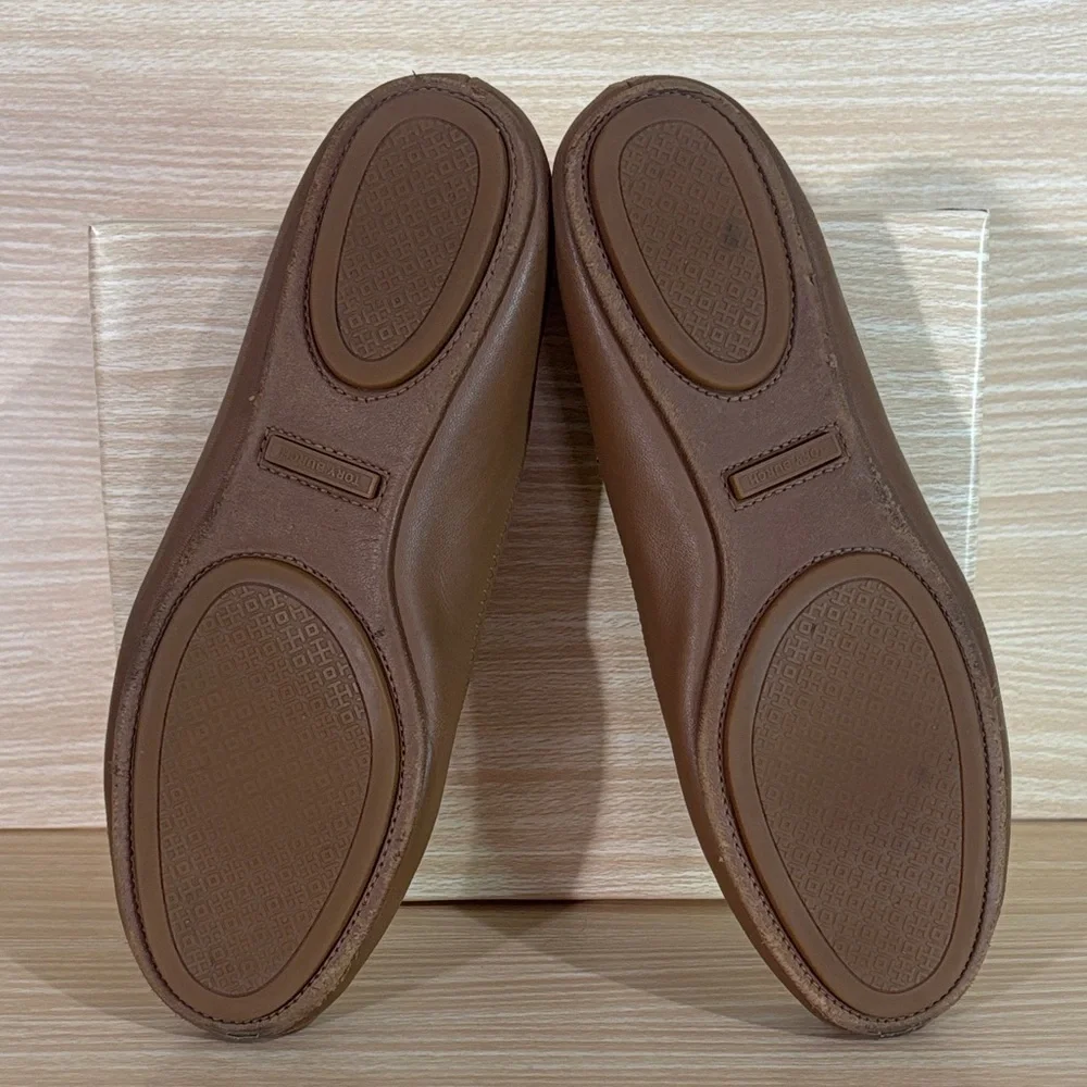 Tory Burch Tan Logo Ballet Flats Leather Round Toe Slip On 7M